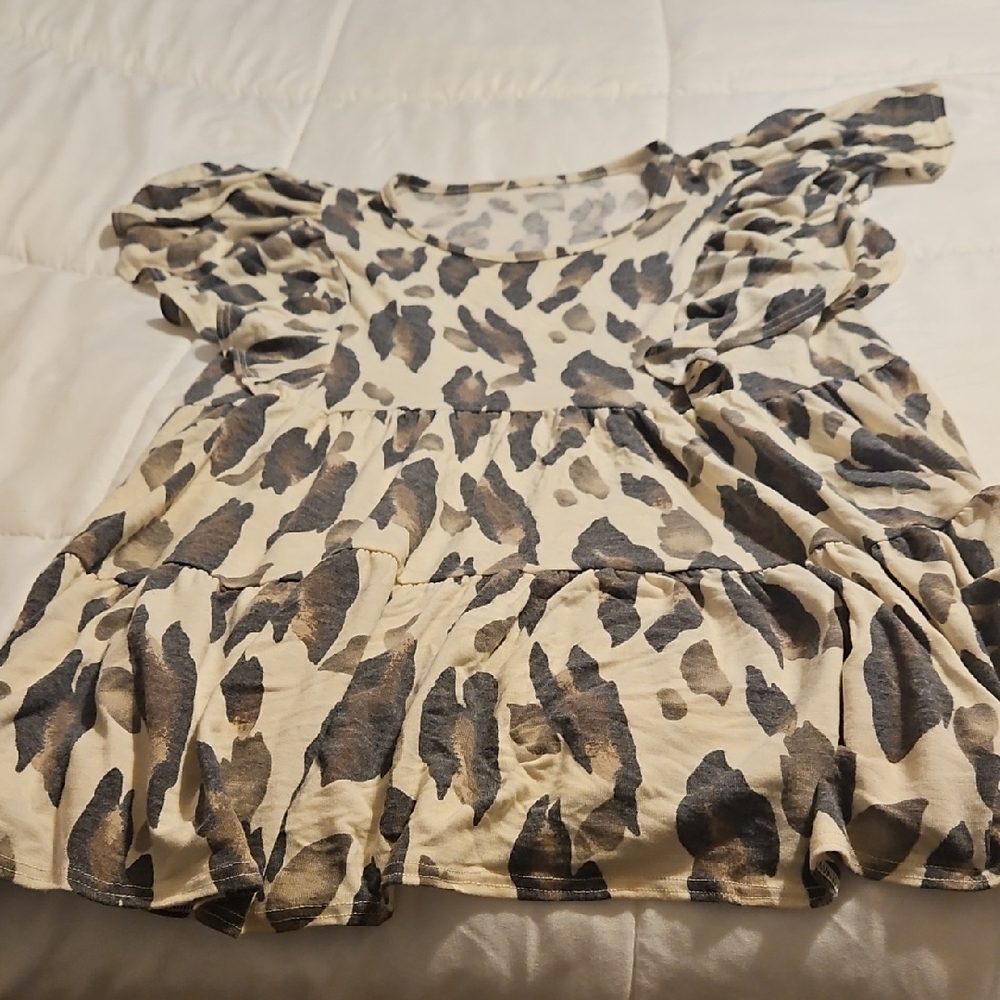 Tiered Cream Animal Print Ruffle Sleeve Blouse